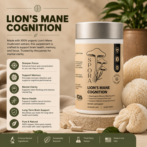 Spora Lion's Mane Mushroom Supplement Capsules for Focus and Clarity